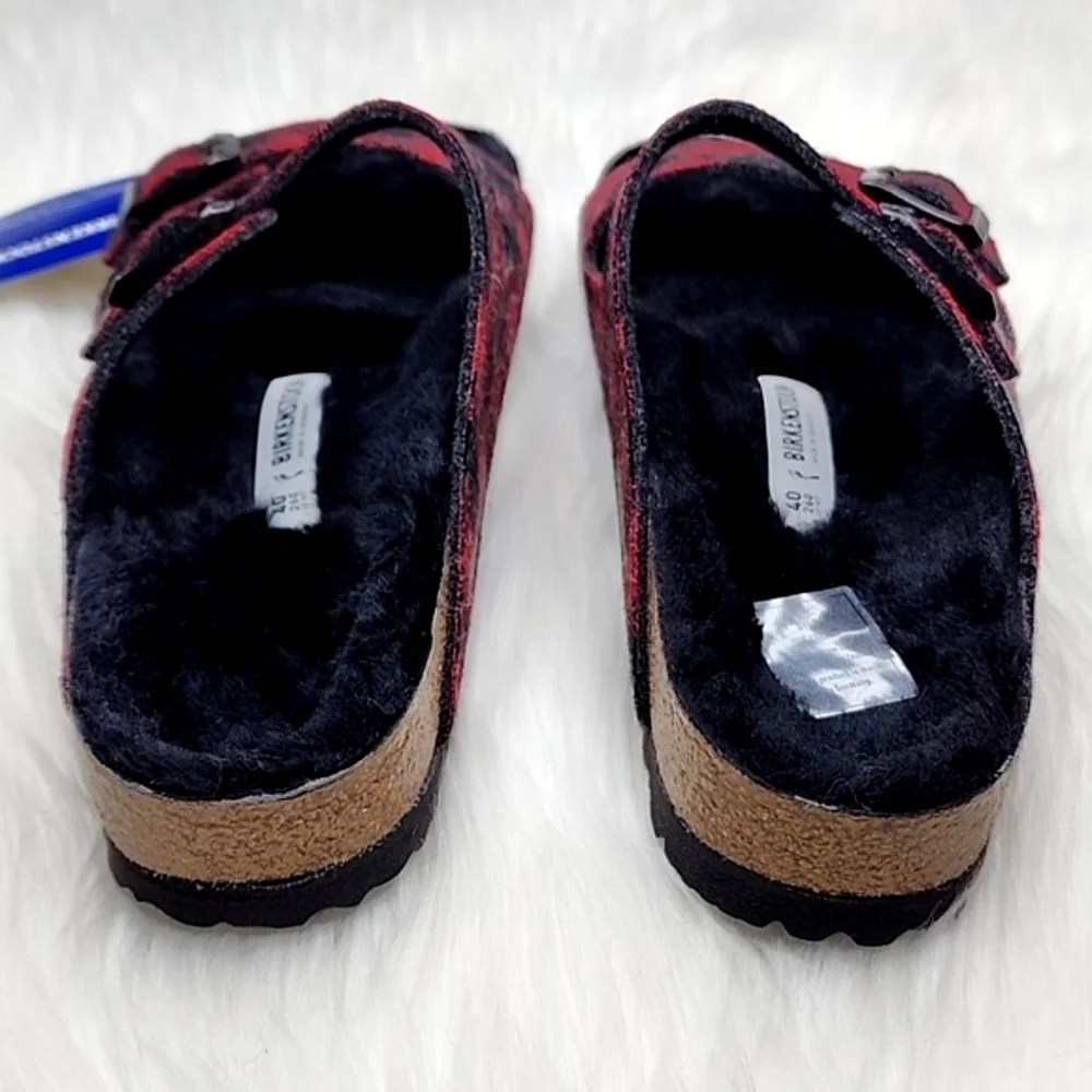 Birkenstock Arizona Wool Shearling Sandal Plaid Red